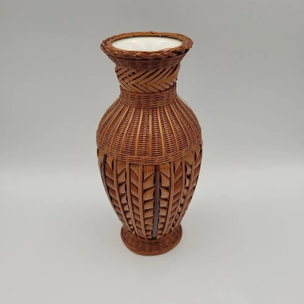 Vintage Hand Woven Bamboo Rattan Bud Vase Ceramic Insert 8.5”H Cottage Boho